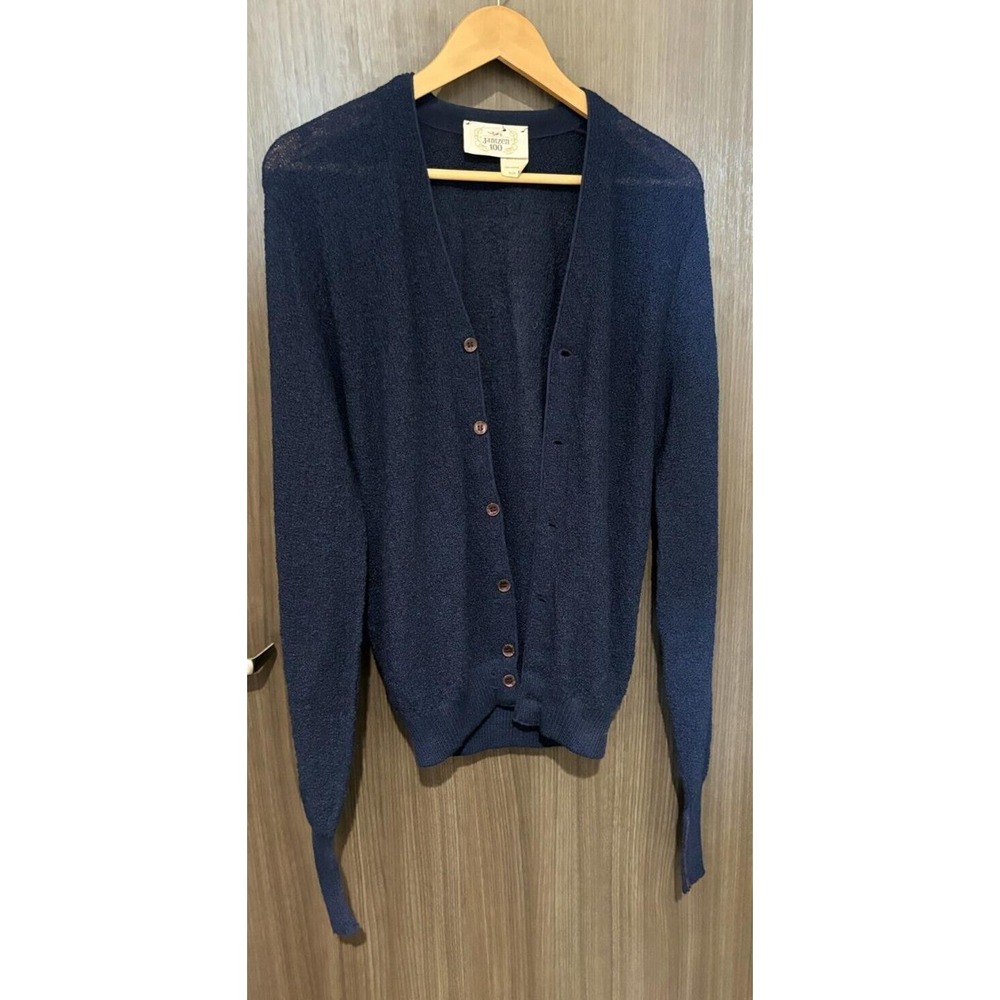 Vintage Jantzen 100 Cardigan Sweater Women's Medium Navy Blue Viscose Ribbed